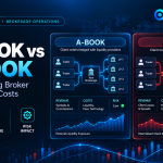 A-Book vs B-Book forex brokerage comparison illustrating external liquidity provider hedging, internalized trading, broker revenue, costs and risk exposure.