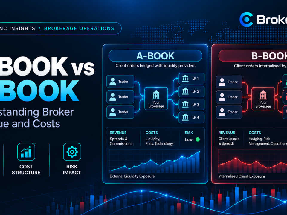 A-Book vs B-Book forex brokerage comparison illustrating external liquidity provider hedging, internalized trading, broker revenue, costs and risk exposure.