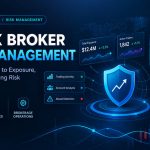 Forex broker risk management illustration showing exposure monitoring, trading risk analysis, abuse detection and MT4/MT5 brokerage intelligence.