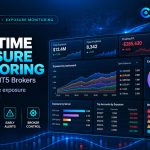 BrokerCNC real-time exposure monitoring infographic showing MT4 and MT5 trading exposure, risk analytics, open positions, instrument concentration and brokerage risk alerts.