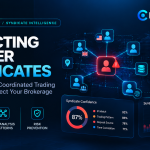 BrokerCNC syndicate intelligence illustration showing linked forex trading accounts, shared IP addresses, coordinated trading patterns and suspicious activity detection.